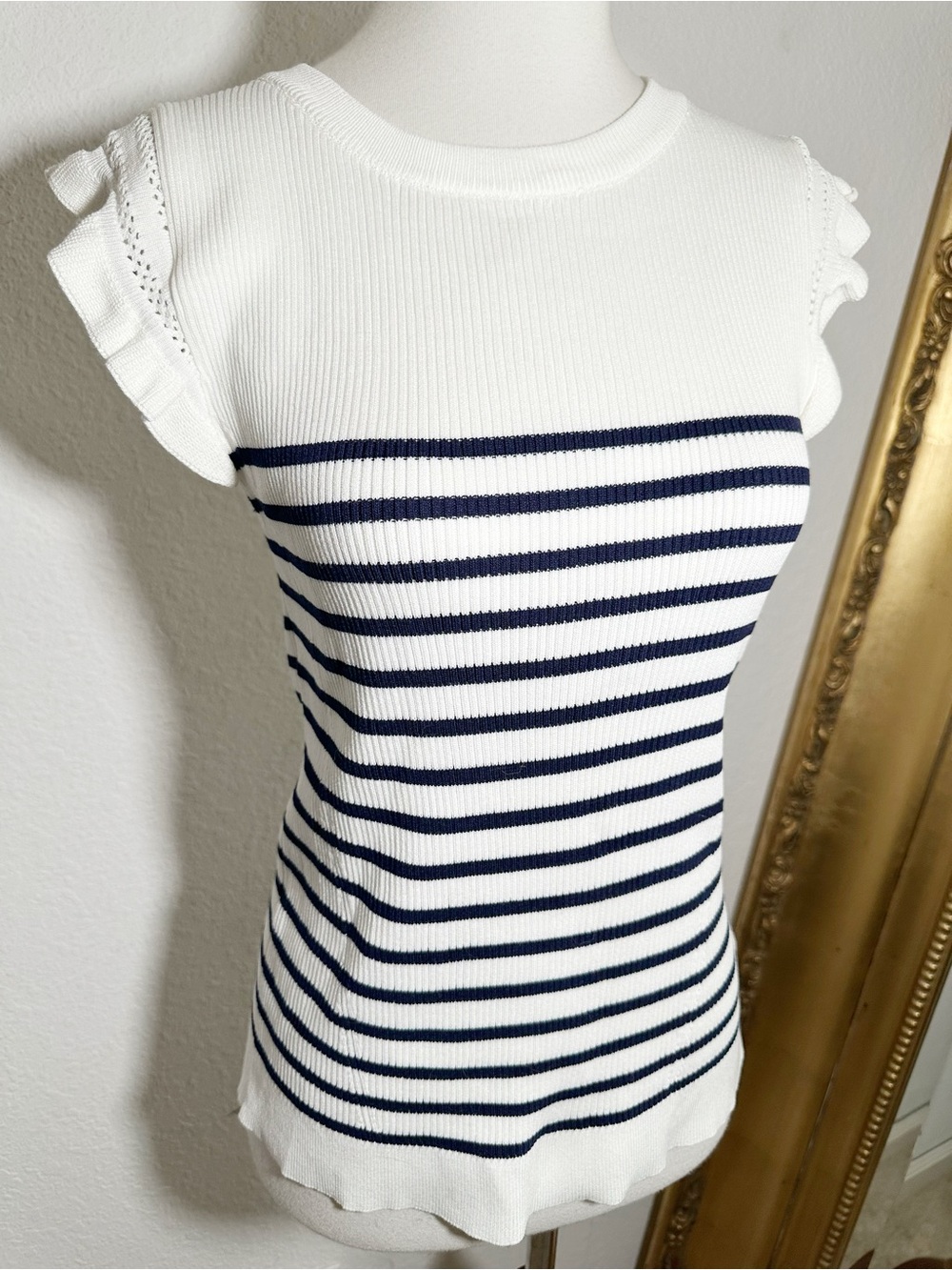 NWT Wantable Skies Are Blue White/Navy Heavy Knit Ribbed Crochet Sleeve Top